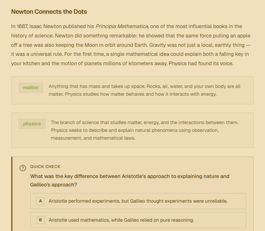 Lesson content interface