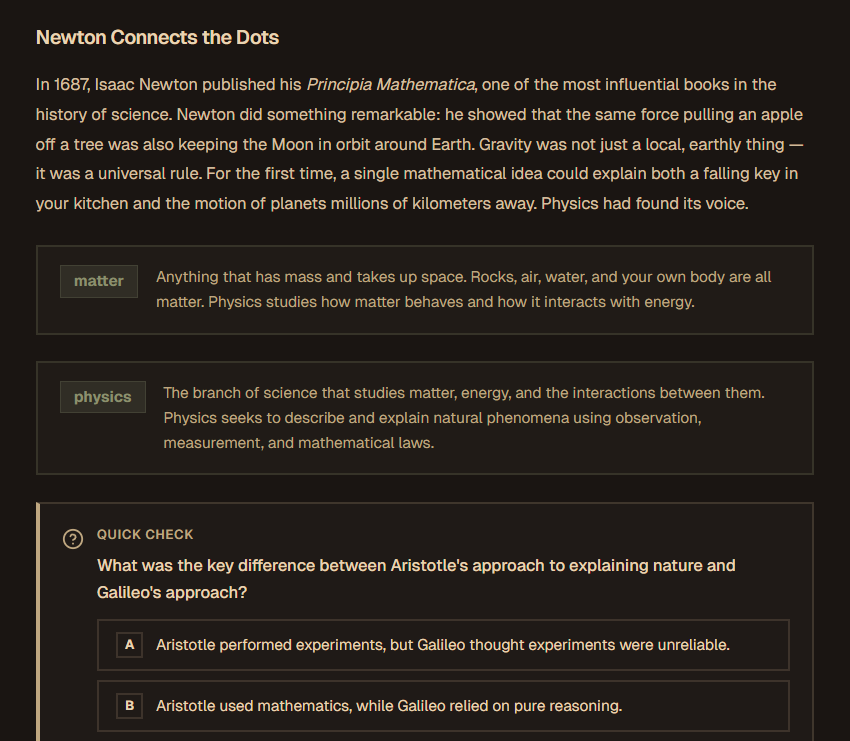 Lesson content interface